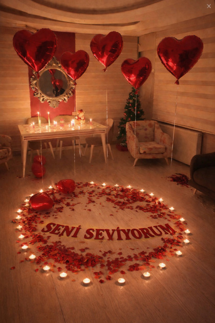 Evlilik Yıldönümü Sürprizi Romantik Yıl Dönümü Set 14 Şubat Evlenme Teklifi Kalp Mum, Folyo Balon