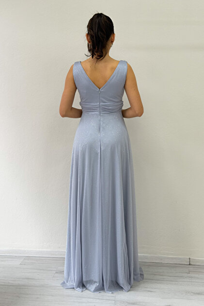 zks grup tekstil Women's Zero Sleeve Transparent Detail Evening Dress Plus  Size Options Purple, Gray, Powder- Trendyol