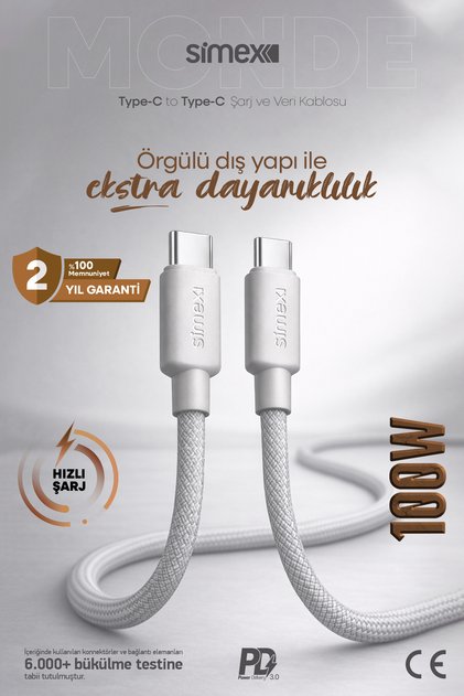 100W Type-C to Type-C Hızlı Şarj Kablosu | iPhone Samsung Xiaomi Uyumlu | Gri | 1 Metre