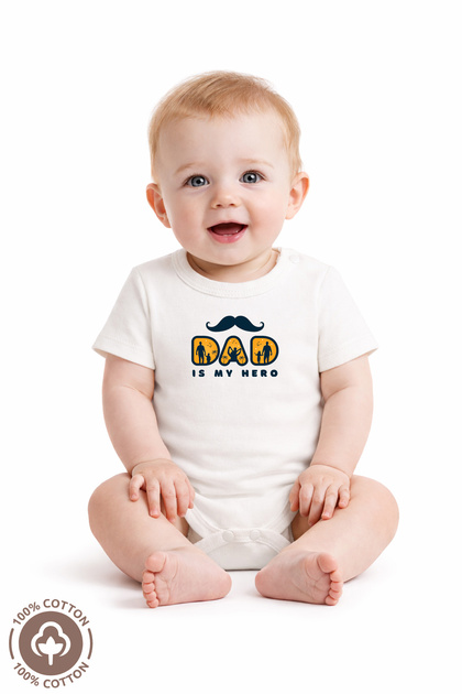Custom Designed 100% Organic Cotton Baby Bodysuit with "Dad Is My Hero" Bodysuit