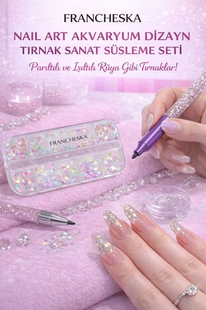 Nail Art Payetler Tırnak Parıltılı Tırnak Tasarımı Manikür Süslemeleri 12 Göz Set-Akvaryum Dizayn