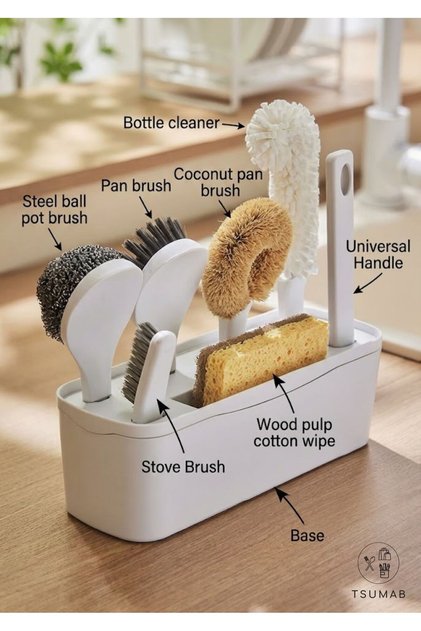 Complete Kitchen Cleaning Set – 6-in-1 Scrub Brush Kit with Storage Base | Bottle Cleaner