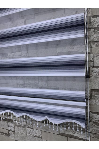 Siyah Gri Beyaz Geniş Plise Zebra Perde (etek Boncuklu) ENXBOY