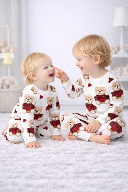 Baby Kids Long Two-Piece Pajama Set Plaid Teddy Bear Pattern