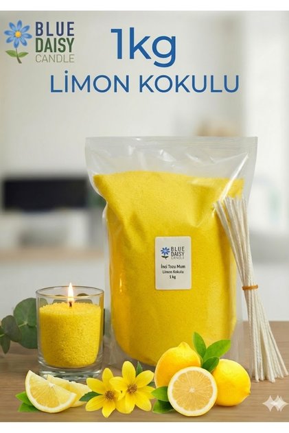 1 Kg SARI renkli LİMON kokulu Inci Tozu Mum ( 25 Adet 20 Cm Fitil Ile ) Toz Mum , Kum Mum