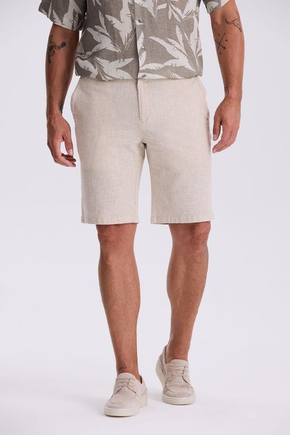 Beige Comfort Fit Cotton Relaxed Cut Linen Textured Shorts