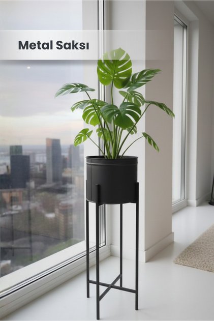 Siyah Dekoratif Ayaklı Metal Çiçeklik | 72cm Saksılık