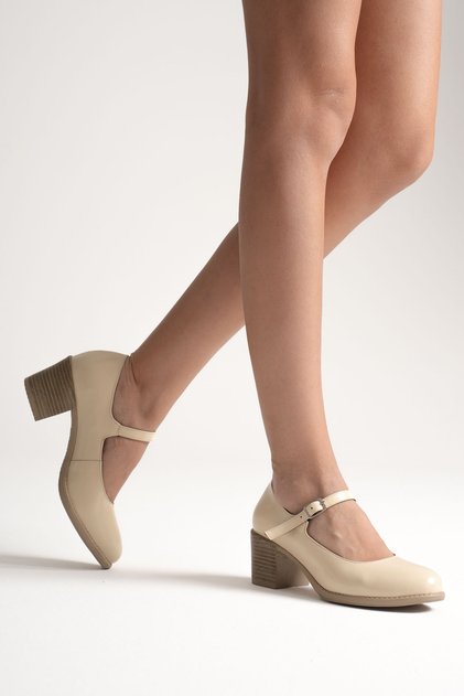 Women's Genuine Leather Strappy Heeled Shoes - Beige Patent Leather