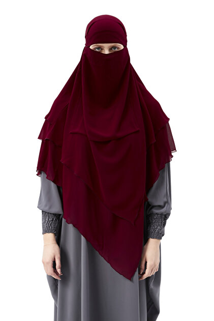 Ready Practical Chiffon Triple Layer with Veil Triangle Hajj Umrah Shawl Souffle Hijab Nikap Claret Red