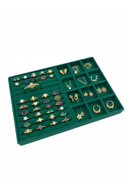 Domestic Production Berlin Model Suede Fabric Green Color with Sausage - Compartment Drawer Inside Jewelry Display Stand