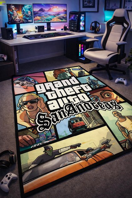 GTA San Andreas Görselli Halı – Kaymaz Taban, Süngerli Yüzey, Makinede Yıkanabilir Gamer Halı