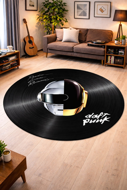 Daft Punk Temalı Plak Şeklinde Yıkanabilir Halı–Kaymaz Taban,Özel Süngerli Yüzey, Konsept Tasarım