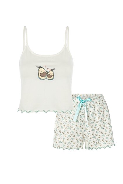 Women's Thin Strap Baby Overlocked Avocado Patterned Crop Top with Shorts Pajamas Set