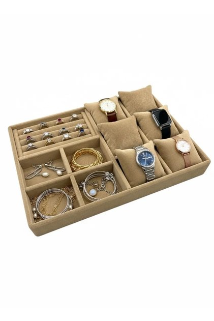 Domestic Production Oslo Model Suede Coated Milk Coffee Color Padded Mix Drawer Inside Jewelry Organizer