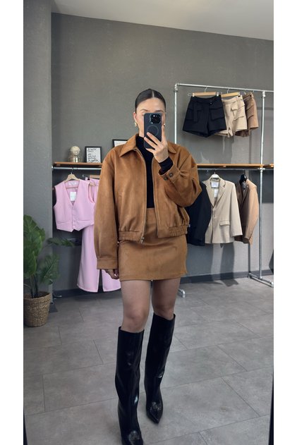 Süet Taba Kadın Mini Etek