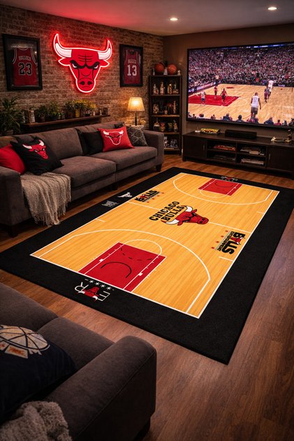 Nba Temalı Özel Süngerli Yüzey Makinede Yıkanabilir Basketbol Sahası Şeklinde Halı - Kaymaz Taban