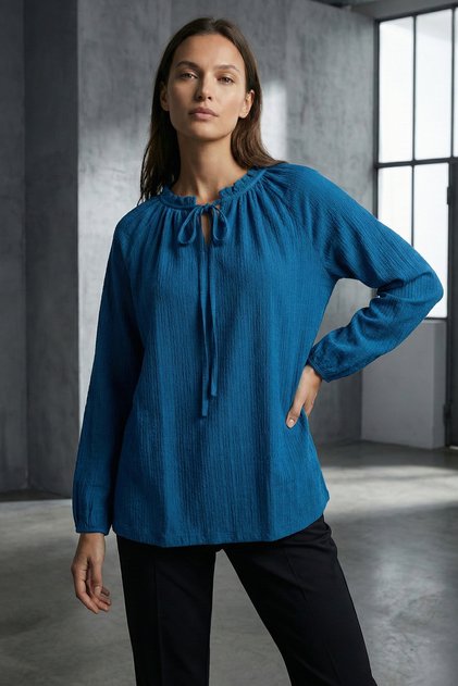 Elista Women's Ruffle Lace-Up Drop Neck Gathered Jacquard Long Sleeve Blouse & Hijab Blouse - Petrol