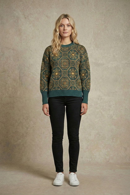 I Kadın Retro Desenli Oversize Triko Kazak