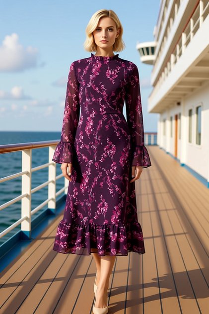 Women's Mock Neck Long Sleeve Spanish Sleeve A-Line Midi Chiffon Woven Dress Functional Modern