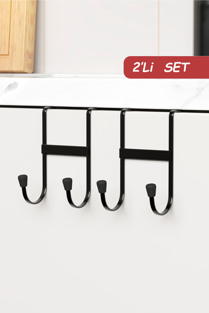 2 Adet Dolap Kapağı Askılığı Çift Kancalı Düzenleyici Mutfak Askısı Metal Askılık Organizer Siyah