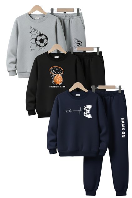 3 Thread Round Neck Thick Winter Sh Fleece-Lined Print Detailed 6 Piece Boys Tracksuit Set
