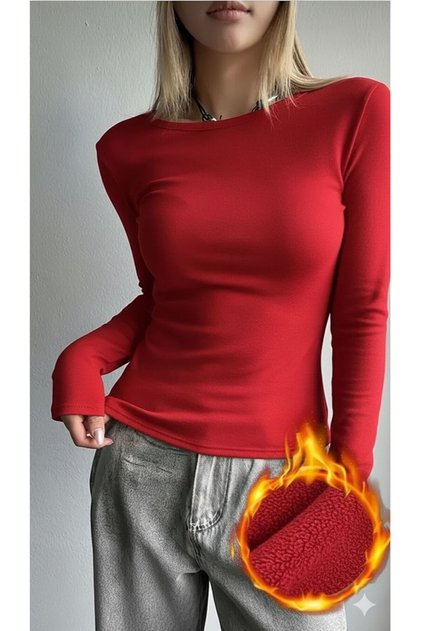 Sonbahar, Kış İçin Kırmızı Içi Polarlı Slim Fit Uzun Kollu Body BODY123