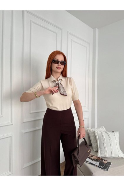 Polo Neck Scarf Detail Short Sleeve Slim Fit Knit Bluse