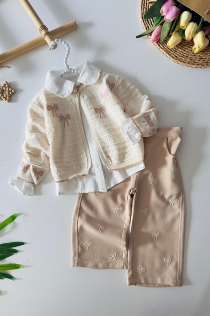 My Little One's Bow Detail Knitwear Cardigan Girl's 3-Piece Set - Cream