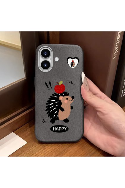 iPhone 16 Compatible Gray Leather Textured Silicone Protects Camera Shock-Absorbing Case Hedgehog