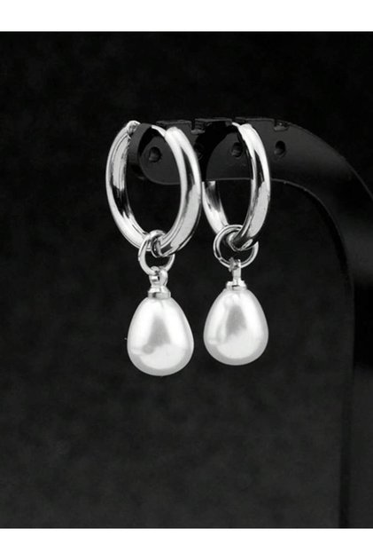 Silver 1 Pair Stainless Steel Waterproof And Non-Fading Stylish Women's Water Droplet Pearl Hoop Ear