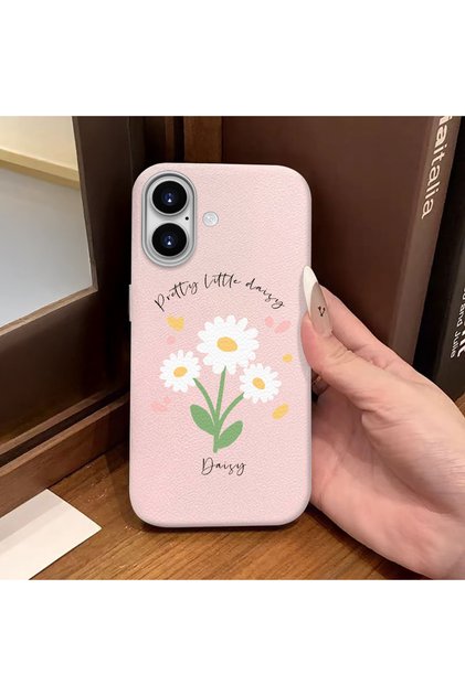 iPhone 16 Compatible Pink Leather Textured Silicone Protects Camera Shock-Absorbing Case Flower