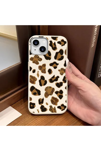 iPhone 15 Compatible White Leather Textured Silicone Protects Camera Shock-Absorbing Case Leopard