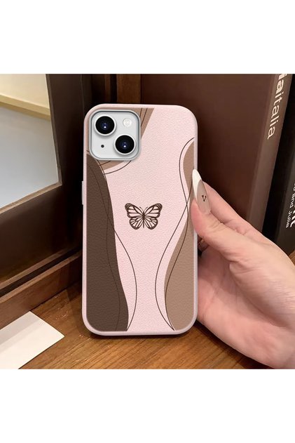 iPhone 14 Plus/15 Plus Compatible Pink Leather Textured Silicone Protects Camera Shock-Absorbing Case Butterfly