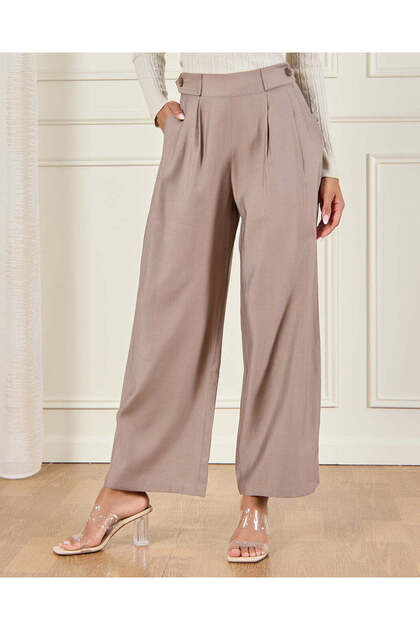 Women Plain Beige Wide Leg Casual Trouser