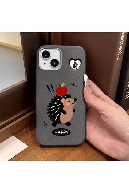 iPhone 15 Compatible Gray Leather Textured Silicone Protects Camera Shock-Absorbing Case Hedgehog