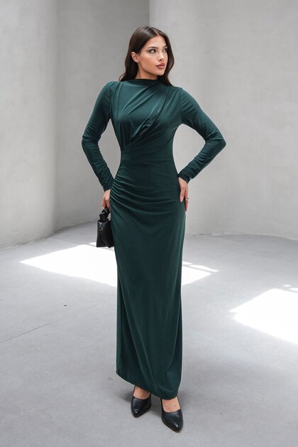 Emerald Green High Collar Drape Detailed Lined Long Dress Vs00803
