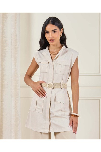 Women Beige Plain Pocket And Belted Waistcoat