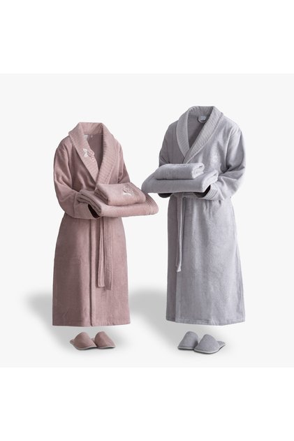 Rosalya Family Bathrobe Set 100% Cotton Embroidered Powder Gray M/L
