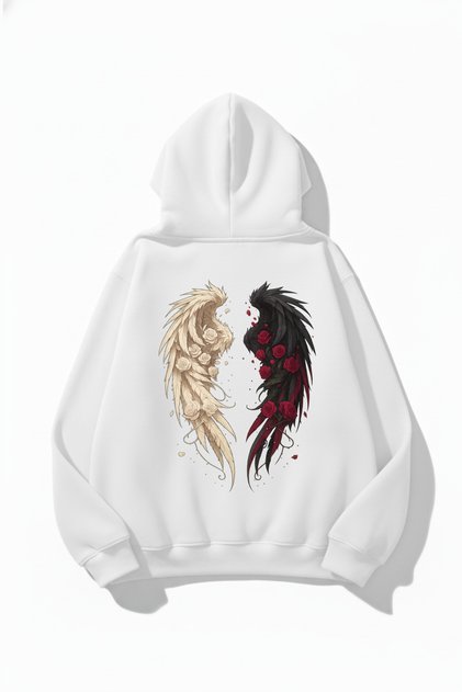 Unisex Soft Textured Rose Wing Printed Design Oversized 3 Thread Hoodie Sweatshirt