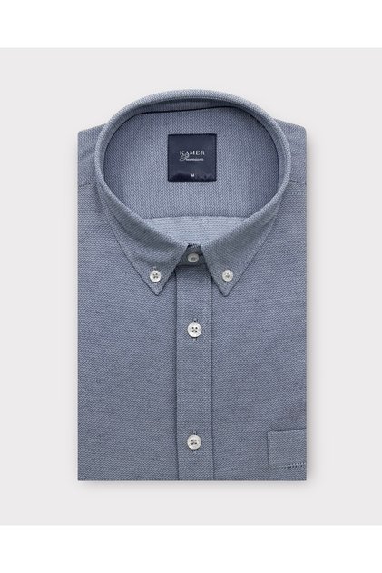 Regular Fit Long Sleeve Buttoned Collar Dobby Navy Blue Shirt 4078L