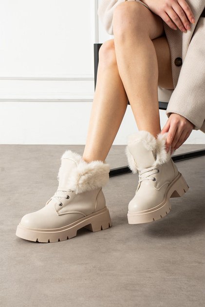 Dars Women's Boots Lace-Up Collar Fur Beige Leather