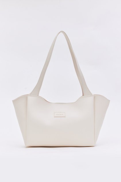 Cream D45 Faux Leather Large Capacity Daily, Work and School Women's Hand and Shoulder Bag with Snap Closure