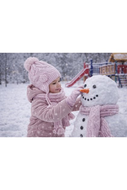 4-8 Lila Güllü Kız Çocuk Atkı Bere Seti