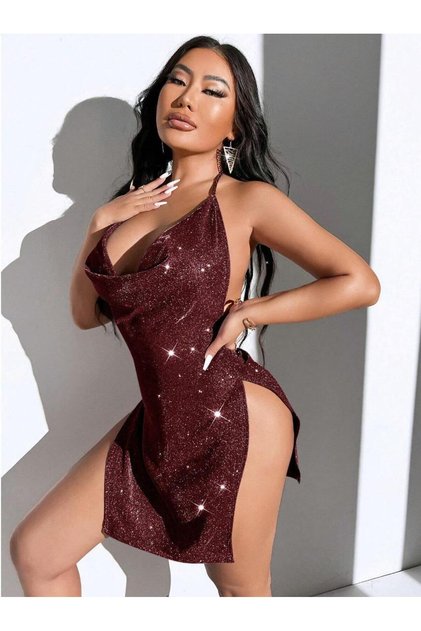 Kadın Bordo Parlak Simli Yırtmaçlı Mini Seksi Gecelik Gece Kıyafeti Şık Tasarım Gece Kıyafeti