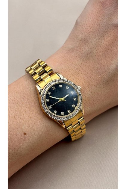 Stylish Zircon Stone Black Dial Gold Steel Case Gold Steel Band 20mm Women's Watch