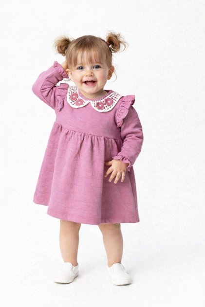 Baby Girl Muslin Dress | Lace Collar Long Sleeve Relaxed Fit Casual Dress