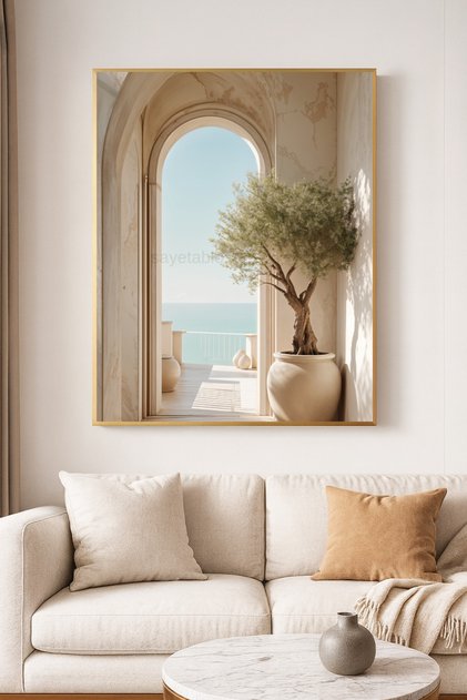 Belvedere - Gerçek Cama Baskı Gold Alüminyum Metal Çerçeveli Tekli Modern Cam Tablo