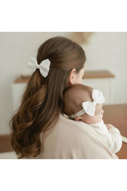 White Scallop Handmade Mother Baby Bandana Bow Buckle with Automatic Clip