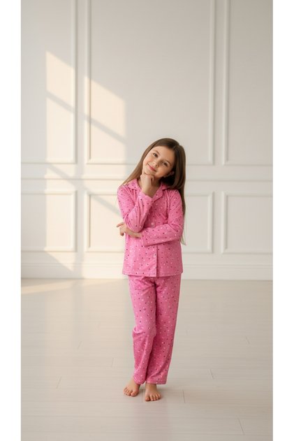 Arnhomewear Heart Patterned Milan Fabric Pink Girl's Pajama Set