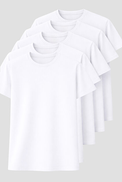 Men's Pack of 5 White T-Shirts, 30/1 Single Jersey Cotton, Soft Texture, Crew Neck
